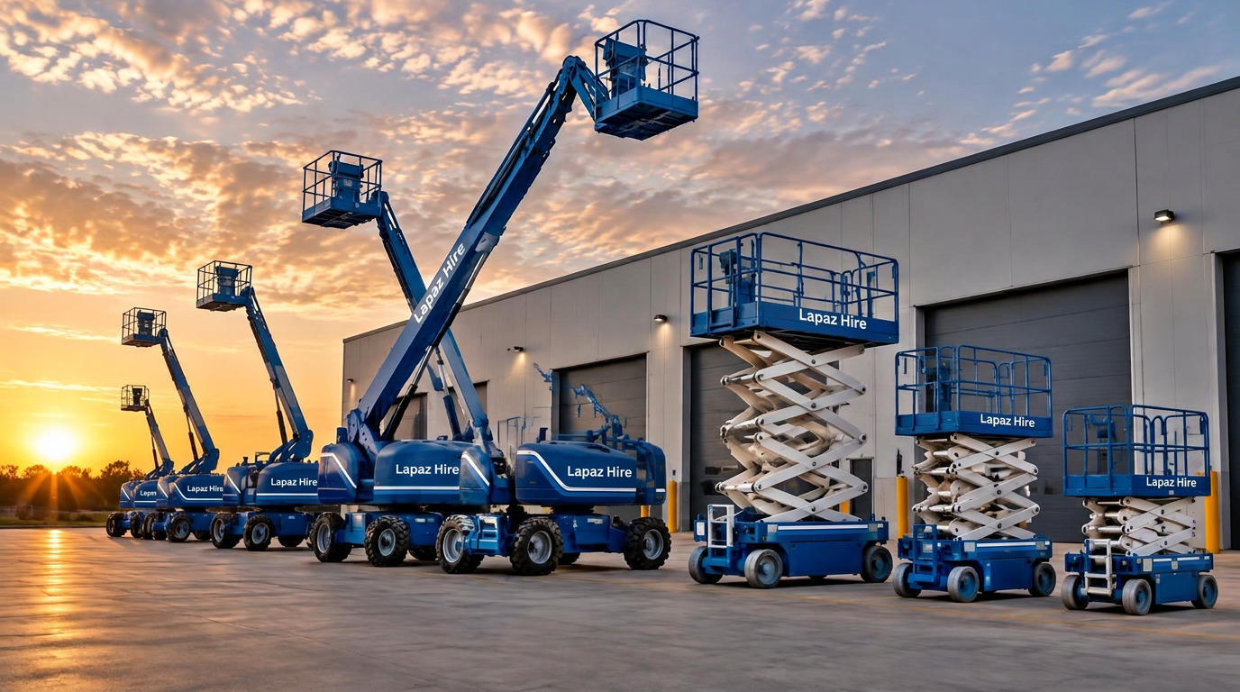 Lapaz Hire powered access fleet lined up at a depot